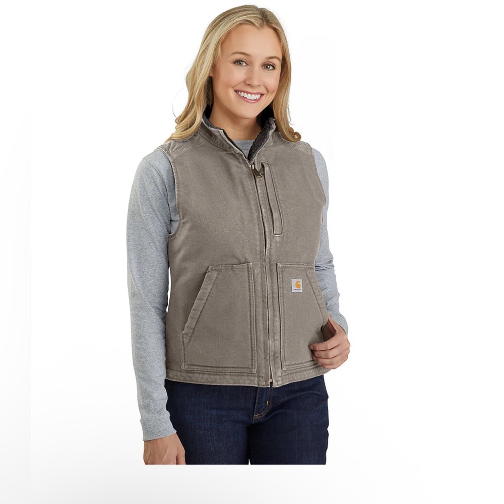 Women's Taupe Gray Carhartt Sherpa Lined Vest Relaxed Fit Washed Duck XXL